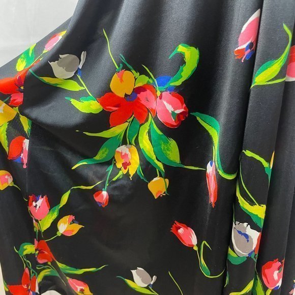 Vintage 60s 70s Komar Black Tulip‎ Floral Print Satin Polyester Robe Large - Picture 5 of 9
